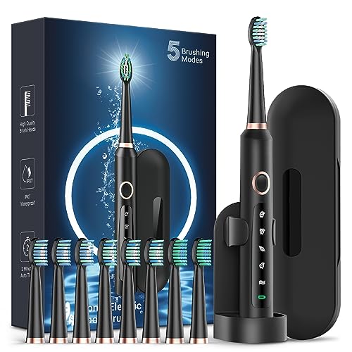 Rtauys M5 Sonic Electric Toothbrush for Adults - Rechargeable Electric Toothbrush with 8 Brush Heads & Travel Case,Power Electric Toothbrush with Holder, 3 Hours Charge for 120 Days - Black