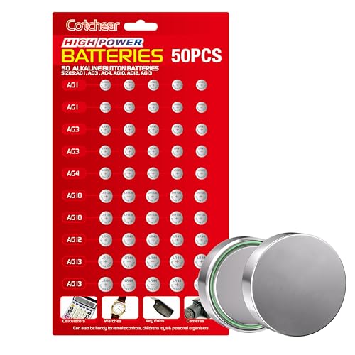 Cotchear 50pcs Alkaline Cell Batteries Assorted 1.5 Volt AG1/LR621 AG3/LR41 AG4/LR626 AG10/LR1130 AG12/LR43 AG13/LR44 Coin Batteries Set 0% Mercury