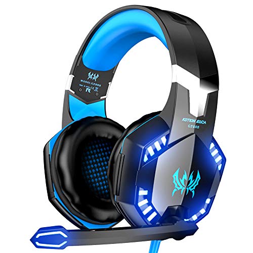 VersionTECH. G2000 Gaming Headset, Bass Surround Gaming Headphones with Noise Cancelling Mic, LED Lights, Soft Memory Earmuffs for PS5/ PS4/ Xbox One Controller/Laptop/PC/Mac/Nintendo NES Games-Blue