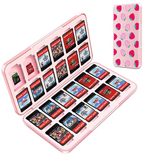 OLDZHU Cute Switch Game Case Holder Compatible with Nintendo Switch&Switch OLED Game,Switch Game Card Case Storage for 24 Games Cartridges and 24 Micro SD Card,Portable Pink Switch Game Case for girls
