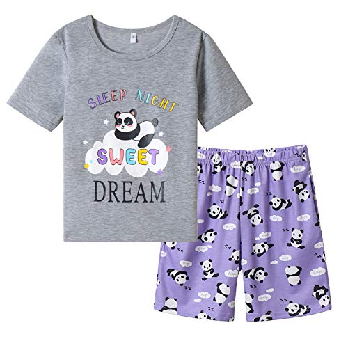 Vopmocld Big Girls's Summer Lovely Pajama Sets Cute Cartoon Panda Sleepwear 2PCS Nighty, Panda-Purple, 10