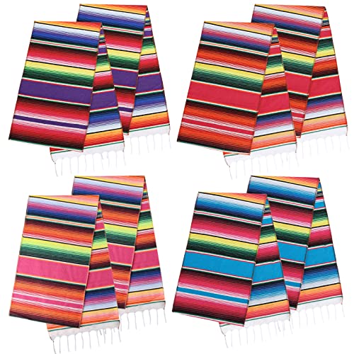 Holicolor Mexican Table Runner, 12 Pack 14 x 100 Inch 4 Colors Serape Table Runner, Mexican Party Decorations (Pink Purple Red Blue)