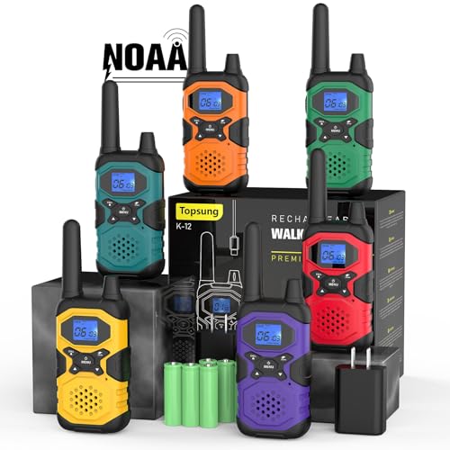 Topsung Walkie Talkies 6 Pack Rechargeable Walkie-Talkies for Adults Long Range Distance FRS 2 Way Radios Walkie Talkies Work Hunting Walkie Talkies with Headsets NOAA 2xUSB Charger 6x4500mAh Battery