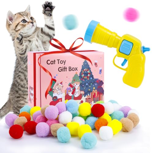 Hggha Kitten Toys, Interactive Cat Toys, Cat Toy Balls with Launcher and 80 Pom-Poms Balls, Cat Toys for Indoor Cats DIY Set, for Training,Playing, Funny,Colorful,Furry.