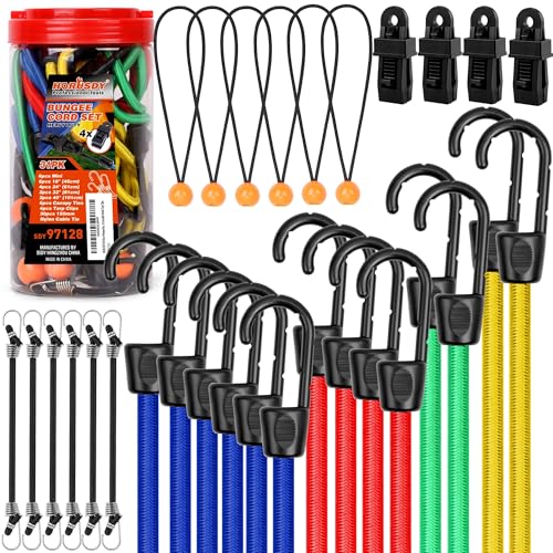 HORUSDY 30-Piece Premium Bungee Cords Assortment Jar, Includes 10”,18”,24”,32”,40” Bungee Cords, 8”Canopy/Tarp Ball Ties and Crocodile Mouth Tarp Clips.