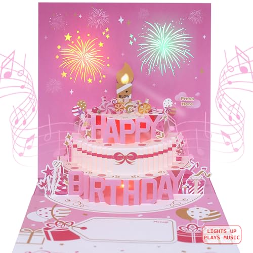 DTESL Musical Birthday Cards with Light and Music, Blowable, 3D Birthday Popup Cards for Men & Women– Plays Hit Song 'HAPPY Birthday' (pink)