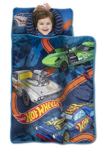 Hot Wheels Race Car Toddler Nap Mat - Includes Pillow & Plush Blanket – Great for Boys and Girls Napping at Daycare, Preschool, Or Kindergarten - Fits Sleeping Toddlers and Young Children