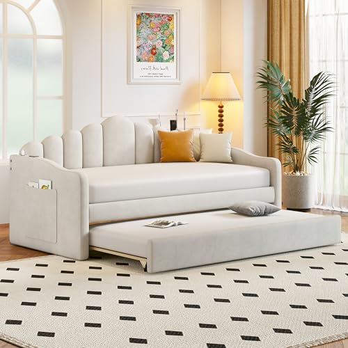 Harper & Bright Designs Twin Daybed with Trundle, Upholstered Velvet Twin Size Daybed Sofa Daybed Frame with USB Charging Ports, Furniture for Bedroom, Living Room, Guest Room, Beige