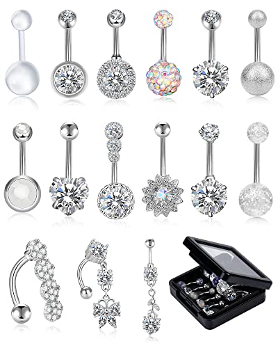 WINSENET 15Pcs Belly Button Rings 14G Belly Rings for Women CZ Dangle Curved Navel Barbell Body Piercing Jewelry with Gift Box