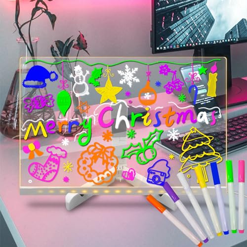 Fanrui 11.8 X 7.9 Inch Acrylic LED Writing Message Board with Light,Glow Acrylic Dry Erase Board with 7 Pens,Memo Tablet Letter Note Doodle Whiteboard with Stand,Gifts for Home Desk Office School