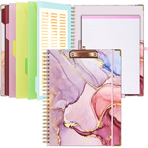 Ospelelf Clipboard Folio with Notepad for Letter Size, Clipboard Folder with Storage, 5 Folders with 10 Pockets, 39 Divider Label Stickers, Elastic Closure and Pen Loop Series (Pink Marble)