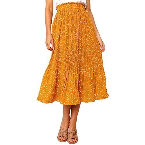 Exlura Womens High Waist Polka Dot Pleated Skirt Midi Swing Skirt with Pockets Mustard Yellow Medium