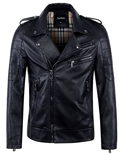 chouyatou Men's Vintage Asymmetric Zip Lightweight Faux Leather Biker Jacket (Medium, Black)