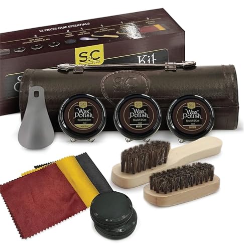 Stone & Clark 12PC Shoe Polish & Care Kit, Leather Shoe Shine Kit with Brown Wax, Shoe Brushes for Polishing, Compact Shoe Cleaning Kit with Horse Hair Brushes & PU