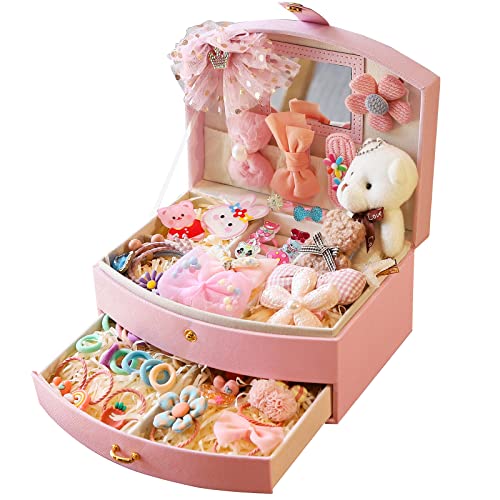 BBnote Little Girl Kids Jewelry Box with Mirror and 48 Pieces Girl Princess Jewelry Dress Up Accessories Toy Playset Set