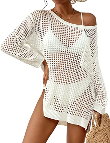 Bsubseach Crochet Cover Up for Swimwear Women Pool Swimsuit Coverup Long Sleeve Beach Knit Tops White