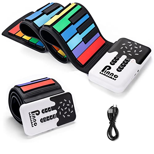 POGOLAB 49 Key Roll Up Keyboard Piano, Portable Digital Electric Foldable Piano Keyboard, Rechargeable, 8 Tones, 6 Educational Demo Songs, for Beginners Adults Gift (Rainbow)