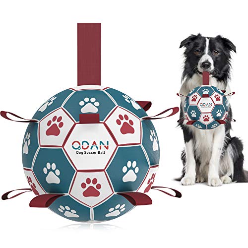 QDAN Dog Toys Soccer Ball with Straps, Interactive Toys for Tug of War, Puppy Birthday Toy, Dog Water Toy, Dog Balls for Small & Medium Dog (6 Inch)