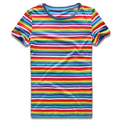 Rainbow T Shirt Women Striped Tee Crew Neck Short Sleeve Stripes Tops Fashion XL