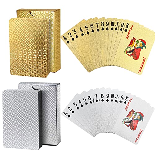 Joyoldelf 2 Decks of Playing Cards, 24K Foil Waterproof Playing Cards & Flexible Poker Cards with Box - Classic Magic Tricks Tool for Party, Game and Cardistry, 1 Gold + 1 Silver