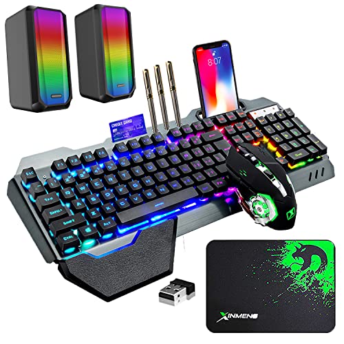 Wireless Gaming Keyboard Mouse and Wired Computer Speaker with Rainbow RGB Backlit Rechargeable Battery Metal Mechanical Ergonomic Waterproof Dustproof Removable Palm Rest for Laptop PC Gamer(Black)