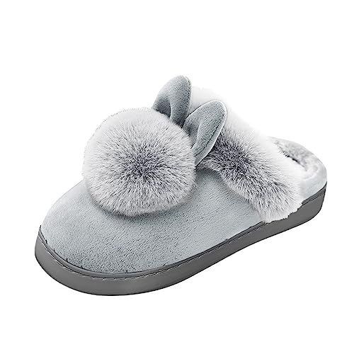 Shengsospp Women's Indoor Fleece Winter Home Rabbit Comfort Shoe Furry Ears Footwear Slippers Soft Women's House Slipper Grey, 5.5-6