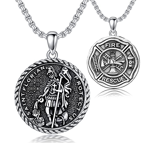 Seiyang Saint Florian Necklace for Firefighters 925 Sterling Silver St Florian Medal Pendant Protector Medallion St Florian Amulet Gift for Men Firemen Women Son Father‘s Gift