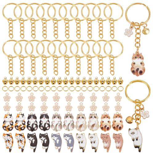 PH PandaHall 20 Sets Cute Cat Keychain DIY Key Chain Making Kit Flower Keyring Kawaii Metal Keyring with 20pcs Bells Pendants 20pcs Split Key Rings 60pcs Split Ring for Birthday Gift Purse Decoration