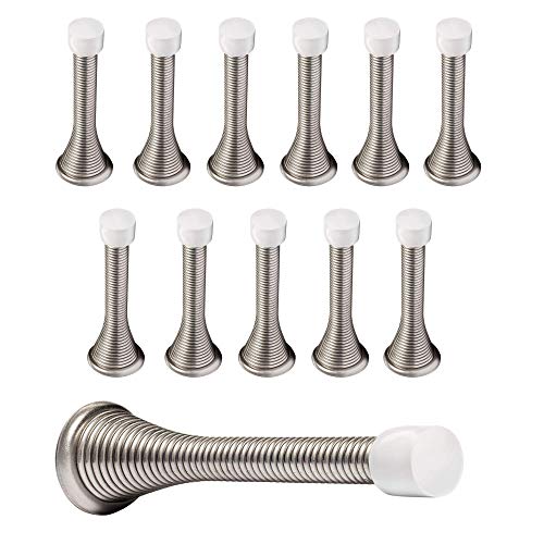 KISEER 12 Pack Spring Door Stops 3 1/4' Flexible Heavy Duty Spring Door Stopper with RustProof Screw Rubber Bumper Tips (Satin Nickel)