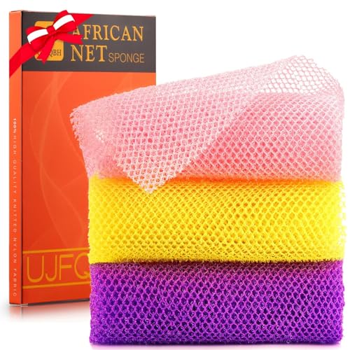 UJFQBH 3 Pieces African Bath Sponge African Net Long Net Bath Sponge Exfoliating Shower Body Scrubber Back Scrubber Skin Smoother,Great for Daily Use (Pink,Yellow,Purple)