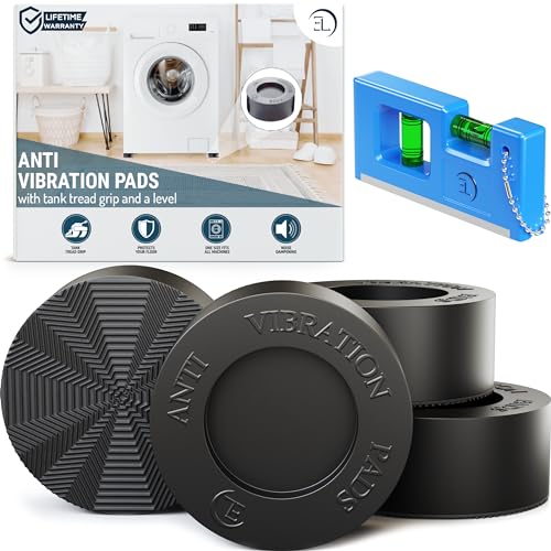 Anti Vibration Pads for Washing Machine - 4 Pads with Tank Tread Grip + Level - Washer Dryer Pedestals Fits All Machines - Noise Dampening, Protects Laundry Room Floor - Washing Machine Support