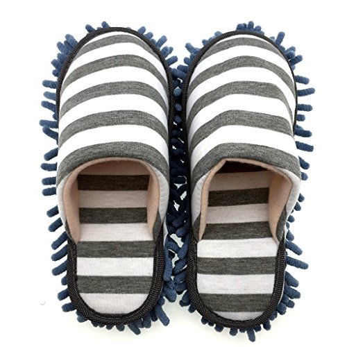 Selric Cozy Washable Dust Mop Slippers Stripe Closed Toe Grey, Multi-Sizes Multi-Colors Available, Chenille Fibre Detachable Mop Soles, Indoor House Slippers 9 7/9 Inches Size:5.5-8.5