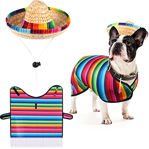 Dog Sombrero Hat Pet Serape Poncho Costume Multicolor Funny Dog Costume Adjustable Sombrero Costume Mexican Dog Poncho Straw Hat Chihuahua Clothes for Mexican Party Decorations (M)