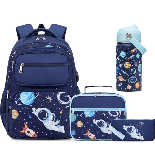 Bevalsa Kids Backpack for Boys with 14oz Insulated Bottle, Astronaut School Bags for Kids & BPA-FREE Stainless Steel Metal Bottle with Straw Lid for Elementary School Student