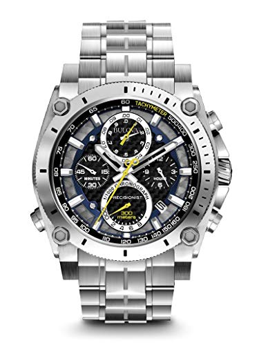 Bulova Men's Precisionist in Stainless Steel with 8-Hand Chronograph Watch, Blue and Yellow Accents, Black Dial Style: 96B175