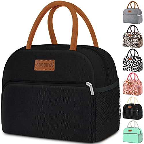Coobiiya Lunch Bag Women, Lunch Box Lunch Bag for Women Adult Men, Small Leakproof Cute Lunch Tote Large Capacity Reusable Insulated Cooler Lunch Container for Work/Office/Picnic/Travel-Black