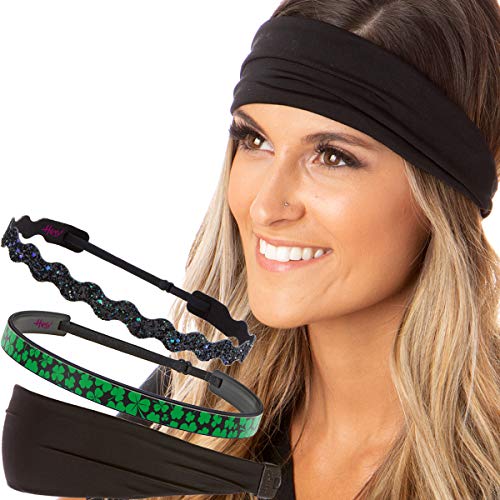 Hipsy Irish Green Hair Accessories St Patrick's Day Clover Shamrocks Headbands for Women Girls & Teens (Black/Black Shamrocks/Peacock Glitter 3pk)