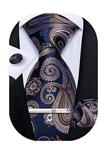 DiBanGu Mens Paisely Necktie and Pocket Square Cufflinks Tie Clip Set,Silk Woven Formal Navy Blue Brown Tie for Men