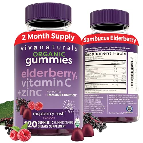 Organic Sambucus Elderberry Gummies with Zinc and Vitamin C (120 Count) - 3 in 1 Black Elderberry Gummies for Adults Immune Support, Chewable Elderberry Supplements, Immunity Gummies