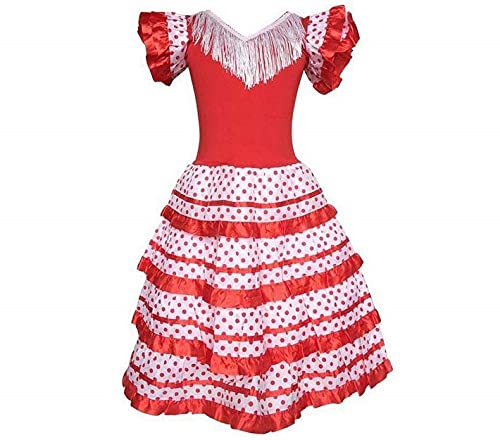 AMINA Flamenco Dress for Girl with ruffles on the skirt with detail of ruffles and polka dots on the skirt. Costumes of Spanish Folkloric, Andalusian, Flamenco, (Red - white, 4)