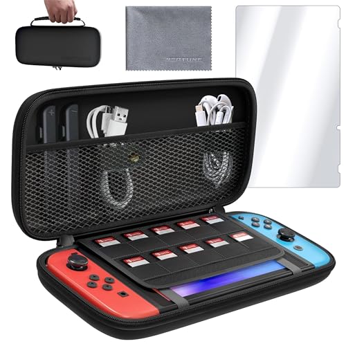 Neptune Protective Shell Carrying Case For Nintendo Switch/OLED - Protection Kit w/ Game Cartridge Holder, Water-Resistant Shell, Microfiber Towel & Screen Protector, Ultimate Travel Companion Bundle