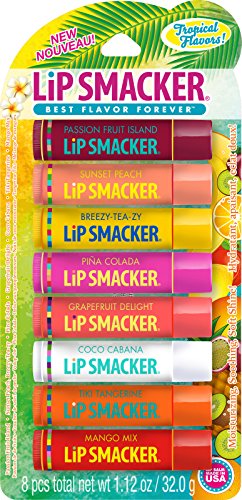Lip Smacker Flavored Lip Balm Tropic Fever 8 Count (Pack of 1), Passion Fruit, Peach, Breezey-Teazey, Pina Colada, Grapefruit, Coca Cabana, Tangerine, Mango, Clear