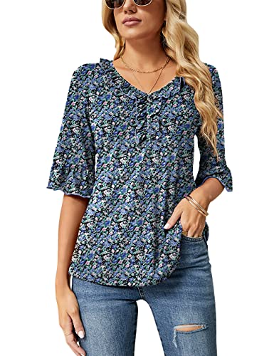 Ivicoer Women's 3/4 Bell Sleeves Ruffle V Neck Shirts Casual Fall Top Black Floral Print XL