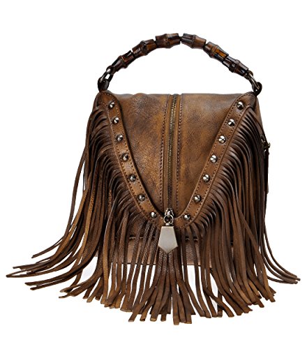 ZLYC Women's Leather Bamboo Hand Strap Featured Fringe Bohemian Tassel Studed Cross Body Bag (Brown)