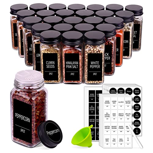 25 Spice Jars with 547 Labels- Glass Spice Jars with Black Metal Caps, 4oz Empty Spice Containers with Shaker Lids, Funnel, Chalk Pen, Churboro Square Seasoning Bottles for Spice Rack, Drawer, Cabinet