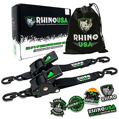 Rhino USA Retractable Ratchet Tie Down Straps (2PK) - 3,033lb Guaranteed Max Break Strength, Includes (2) Ultimate 2' x 10' Autoretract Tie Downs with Padded Handles
