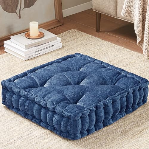 Intelligent Design Azza Floor Pillow, Large Cushions Sitting for Adults, Floor Pillow for Meditation or Yoga, Lustrous Chenille Tufted with Scalloped Edges for Bench/Chair Cushion, 20'x20'x5' Navy