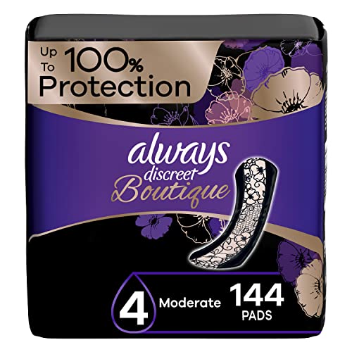 Always Discreet Boutique Adult Incontinence & Postpartum Pads For Women, Size 4, Moderate Absorbency, Regular Length, 48 Count x 3 Packs (144 Count total)