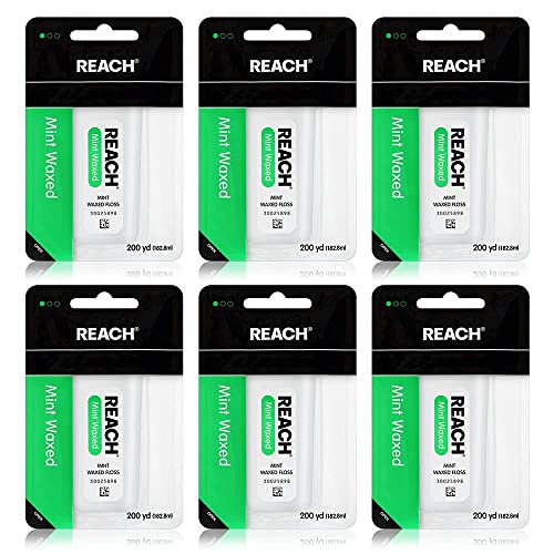 Reach Waxed Dental Floss Bundle | Effective Plaque Removal, Extra Wide Cleaning Surface | Shred Resistance & Tension, Slides Smoothly & Easily, PFAS Free | Mint Flavored, 200 YD, 6pk