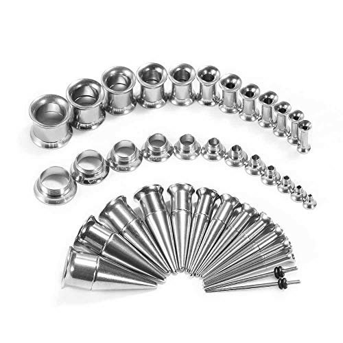 TBOSEN 36PCS Ear Gauge Stretching Kit Stainless Steel Double Flare Alloy Tapers 2 In 1 Plugs Set Eyelet 14G-00G…